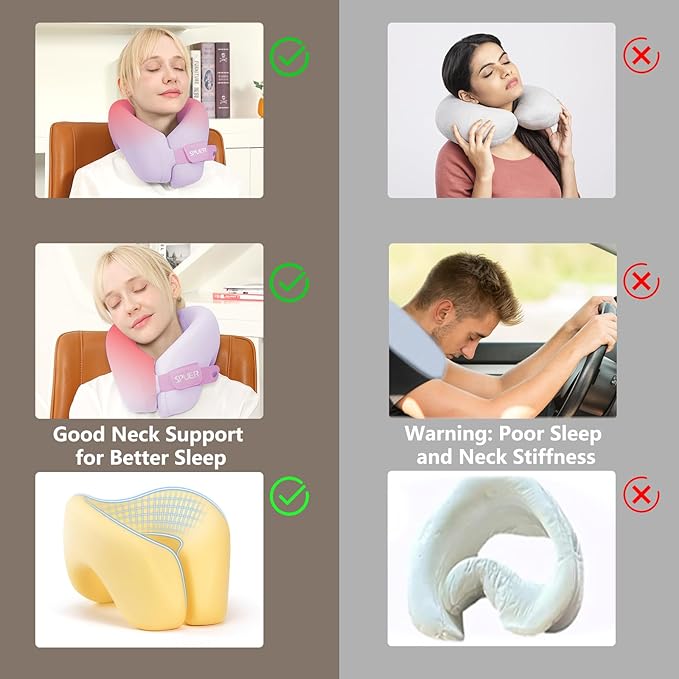 2in1 Ergonomic Memory Foam Travel Neck Pillow – Travel Pillow for All Sleep Positions on Flights, Road Trips, and Long Distance Travel with Drawstring Bag (Adjustable - Lavender)