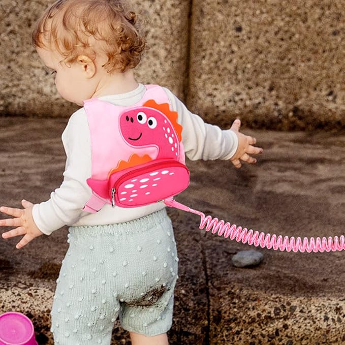 Toddler Leash Harness + Anti Lost Wrist Link, Accmor Cute Dinosaur Kids Harnesses with Leashes,3 in 1 Baby Walking Wristband Child Outdoor Anti-lsot Tether Rope Reins for Chidren Girls (Pink)