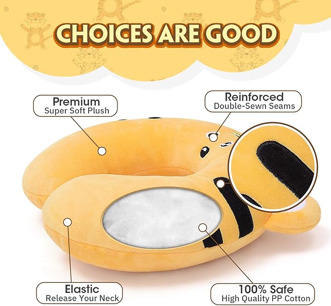 H HOMEWINS Travel Pillow for Kids,Cute Animal Toddler Neck Pillow for Boys Girls,Soft Neck Head Chin Support Pillow,Travel Accessories for Airplane, Car, Train,Recline (Tiger)