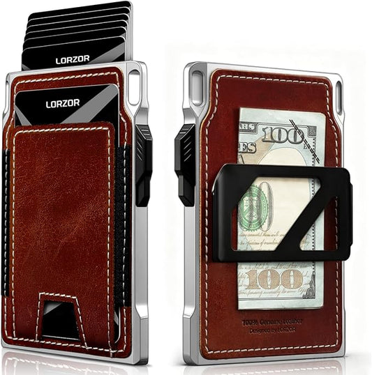 LORZOR Slim Tactical Wallet for Men- Minimalist Full Grain Leather Wallet for 12 Cards, RFID Blocking Aluminum Cardholder, Smart Pop Up Card Case, Front Pocket, Money Clip, Gift for Men(VintageBrown)