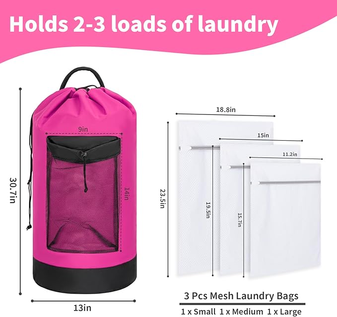 Laundry Bag Backpack with 3 Sizes Mesh Wash Bags and Shoulder Straps Foldable Clothes Hamper Bag with Drawstring Closure for College, Apartment, Laundromat (Pink)