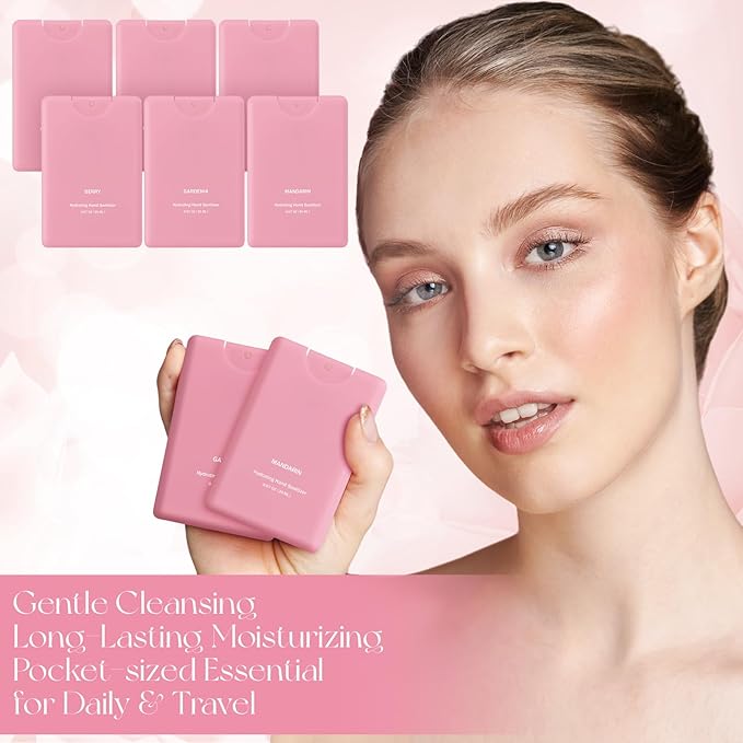 6 Pcs Hand Sanitizer Mist Spray Pink Perfume Hydrating Hand Sanitizer Spray Travel Size Pocket Refillable for Women Adults Teacher Guests Coworker New Year Gift