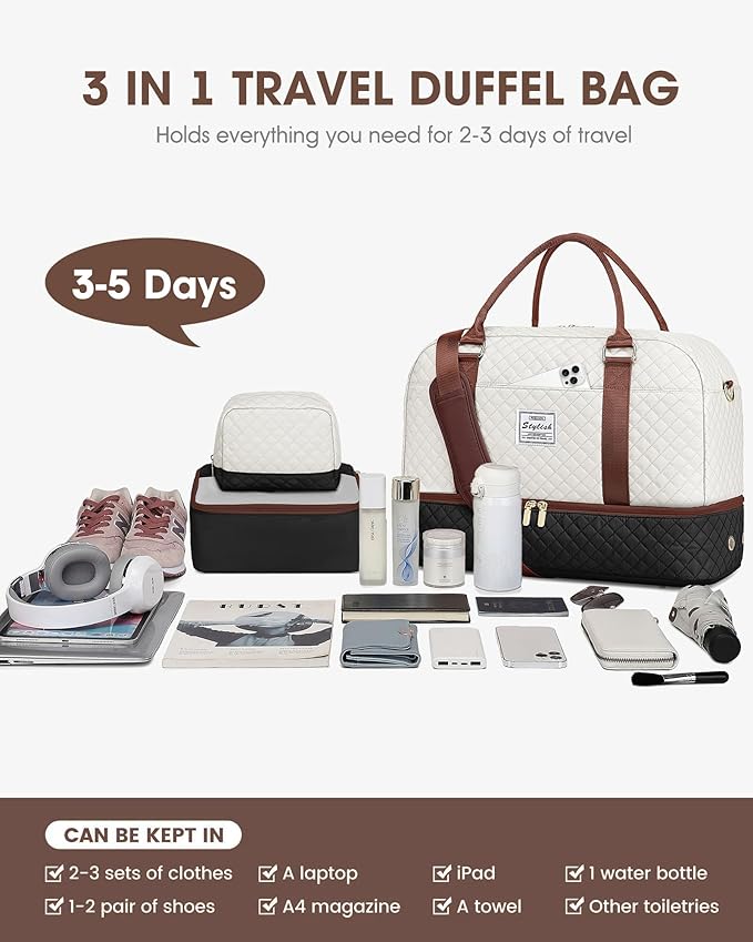 Travel Duffle Bags for Women - Overnight Weekender Bags With Toiletry Bag Carry On Duffel Bags with Shoe Compartment Hospital Bag with Wet Pocket for Labor Delivery Black Brown