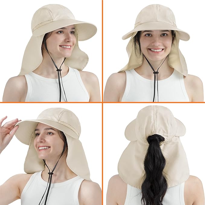 SUN CUBE Sun Hat for Women with Ponytail Hole Neck Flap, Gardening Hat Women Sun Protection, UV Hats Hiking Walking Fishing