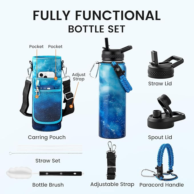 40oz Insulated Water Bottle, Triple Wall Vacuum Stainless Steel Water Bottles - Keeps Cold 48H, Reusable Metal water flask Jug for Gym, Sports, Camping, Hiking,Travel, Aurora-Blue