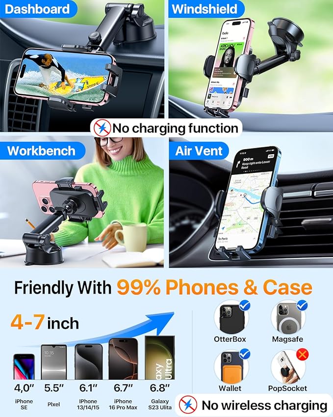 2025 Ultimate Car Phone Holder【80+LBS Strongest Suction & Military-Grade】 Universal Cell Phone Holder Truck Car Mount for Dashboard Windshield Air Vent for iPhone 17 16 Pro Max 15 Samsung 2pcs,Blue