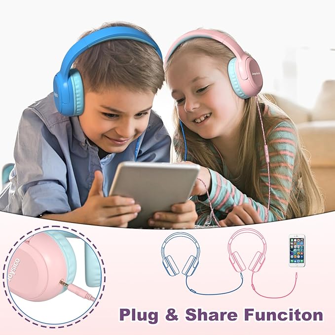 Kids Headphones with Cord & Mic for School Class Airplane Travel, 85/94dB Volume Limit Over Ear Earphones for Boys Girls Teens, Wired Foldable Headset for iPad Tablet Kindle Laptop PC Pink