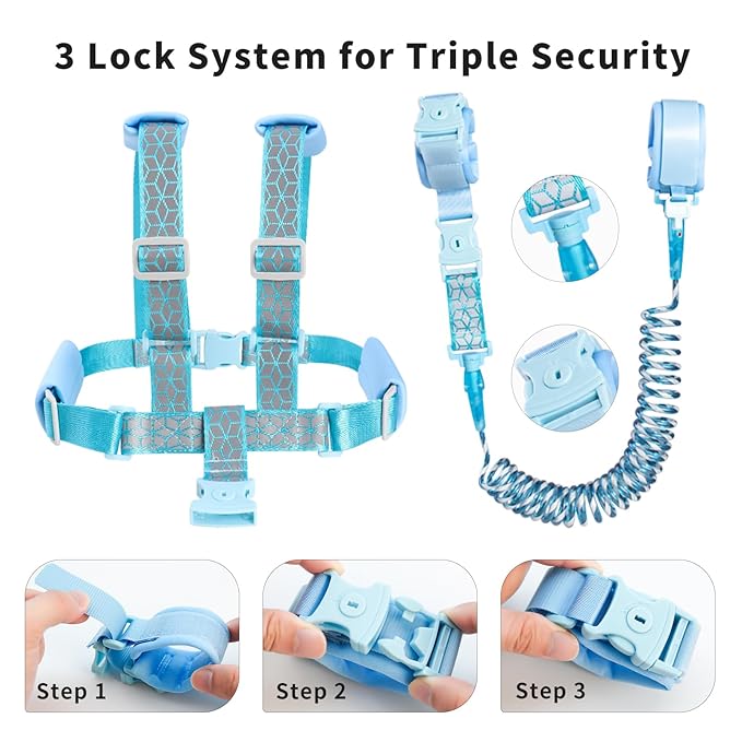 bearcouple Toddler Leash Harness Backpack 4-in-1, Anti Lost Wrist Link & Safety Strap for Kids Boys Girls, Reflective Adjustable Baby Walking Belt for Park Zoo Travel, Child Cute Reins (Blue)