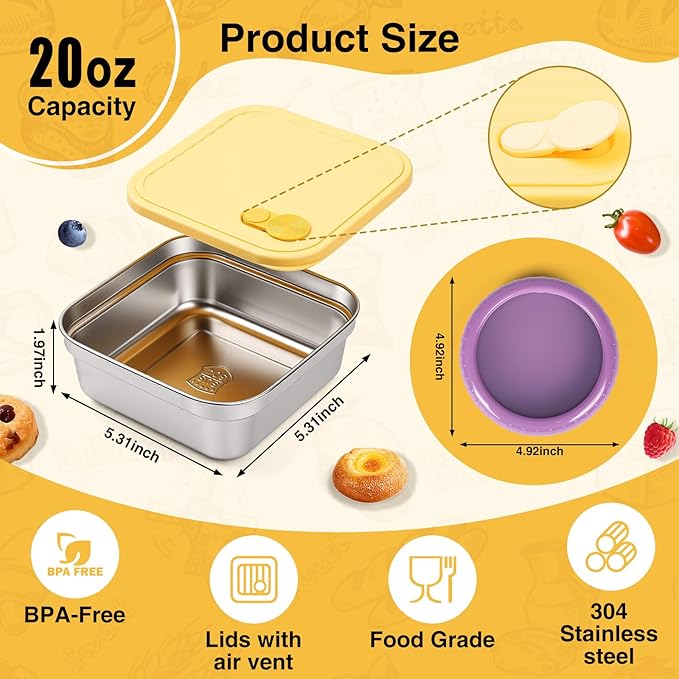 T-Raputa 3Pc Sandwich Containers and Fruit Storage Storage, 20oz 304 Stainless Steel Sandwich Box with Lids, Reusable Metal Meal Prep Lunch Boxes, BPA-Free, Food Storage Containers for Snacks & Fruits