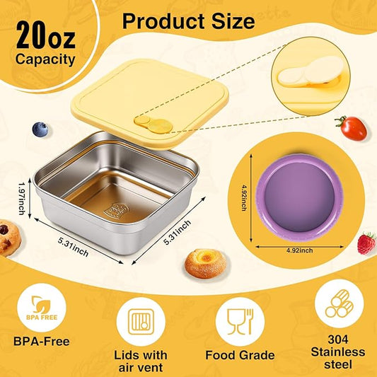 T-Raputa 3Pc Sandwich Containers and Fruit Storage Storage, 20oz 304 Stainless Steel Sandwich Box with Lids, Reusable Metal Meal Prep Lunch Boxes, BPA-Free, Food Storage Containers for Snacks & Fruits