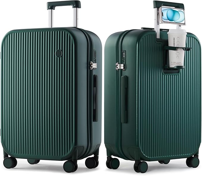 mixi Checked Luggage with Cup Phone Holder Hard Shell Rolling Travel Suitcases with Spinner Wheels,26 Inch Blackish Green