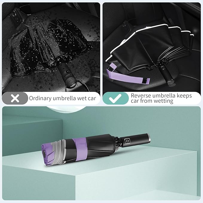 Yoobure Inverted Windproof Travel Umbrella - Automatic Umbrellas for Rain, Compact Folding with Reflective Stripe, Portable Large for Backpack, Lightweight with Sun UV Protection