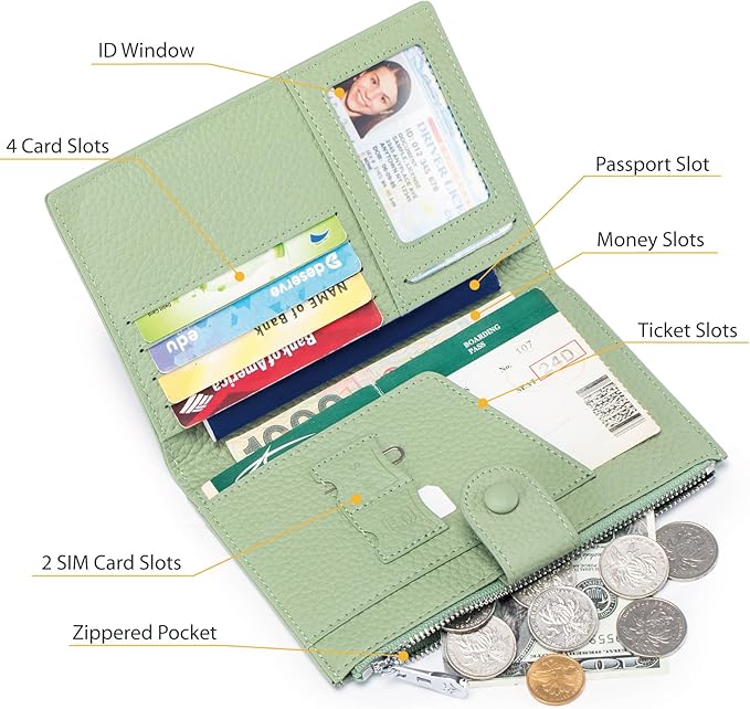 RFID Blocking Passport Wallet for Women, Slim Leather Passport Holder, Compact Travel Wallet with Zippered Coins Pocket and SIM Slots, Ladies Passport Cover