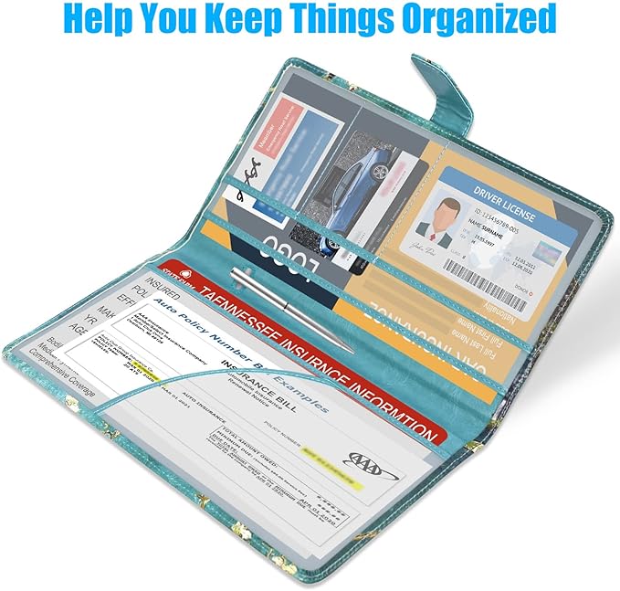 DMLuna Car Registration and Insurance Holder, Leather Vehicle Card Document Glove Box Organizer, Auto Truck Compartment Accessories for Essential Information, Driver License Cards, Almond Blossom