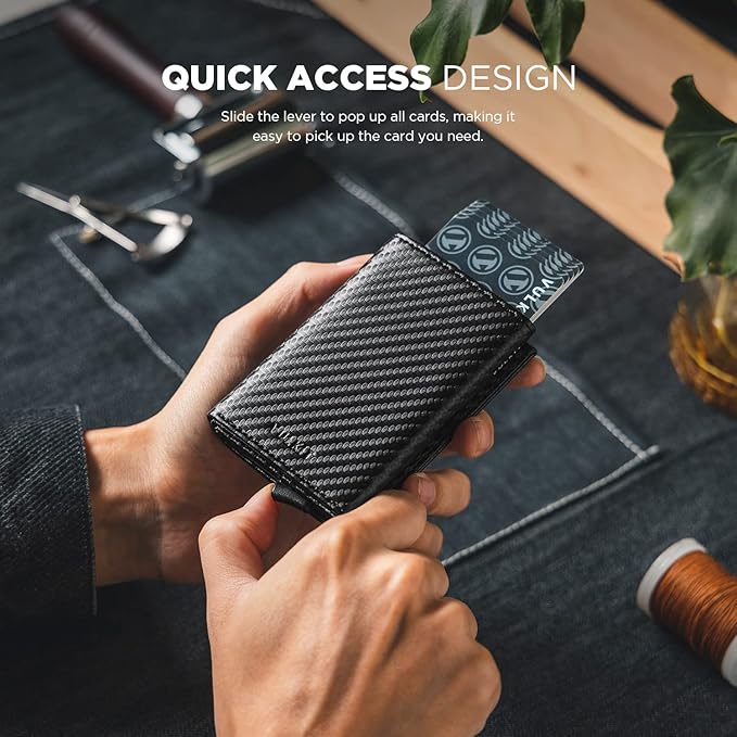 VULKIT Pop up Card Wallet Minimalist Cash Wallets RFID Blocking Leather Smart Credit Card Holder with ID window for Men(Carbon Black)