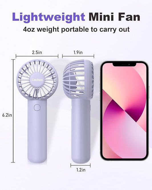 Coohea Mini Handheld Fan, Small Cute Design, 3 Powerful Speeds, USB Rechargeable Battery Operated, Portable Personal Fan with Base & Lanyard, for Eyelash Makeup Travel Beach Office Desk, Purple