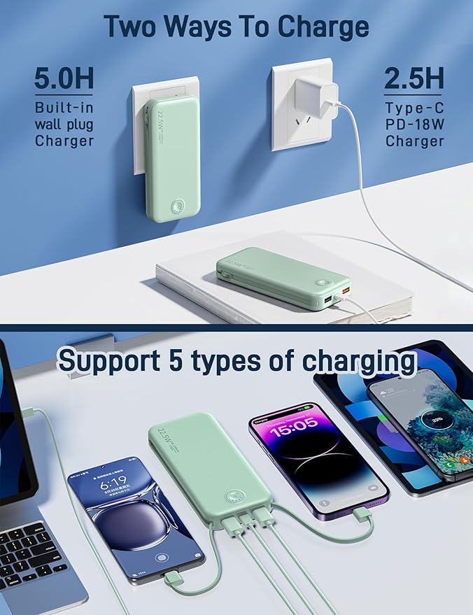 Portable Charger, 12000mAh 22.5W Fast Charging Power Bank with Built-in Cables & Wall Plug, Travel Essentials External Battery Pack, USB C Battery Phone Charger for iPhone, iPad, Samsung Green