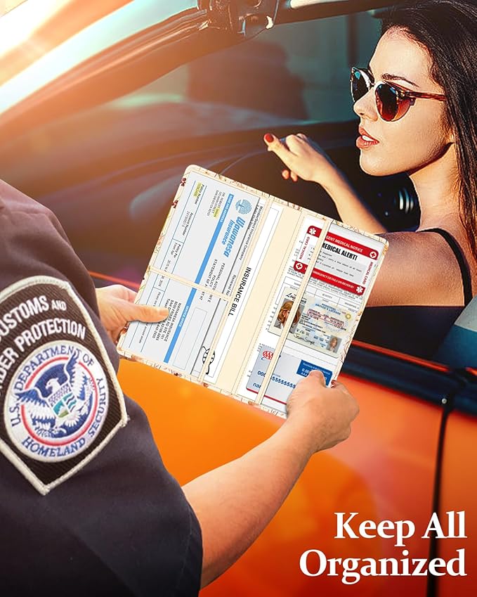 Slohif Car Registration and Insurance Card Holder with Magnetic Shut - Vehicle Glove Box Organizer Women Leather Automobile License Holders Coasters Auto Accessories Case for Document,Vintage Flower