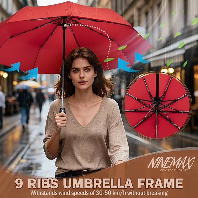 NINEMAX Travel Folding Umbrella Windproof for Men Women, Portable Compact Umbrellas Automatic Open and Close for Rain