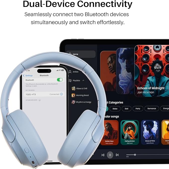 TOZO HT3 Hybrid Noise Cancelling Headphones, 90H Playtime Wireless Over Ear Bluetooth Headset, Spatial Audio AI Chat with 5 Mics, Supports Dual Connection and USB-C Input, with 32 EQ Music Modes