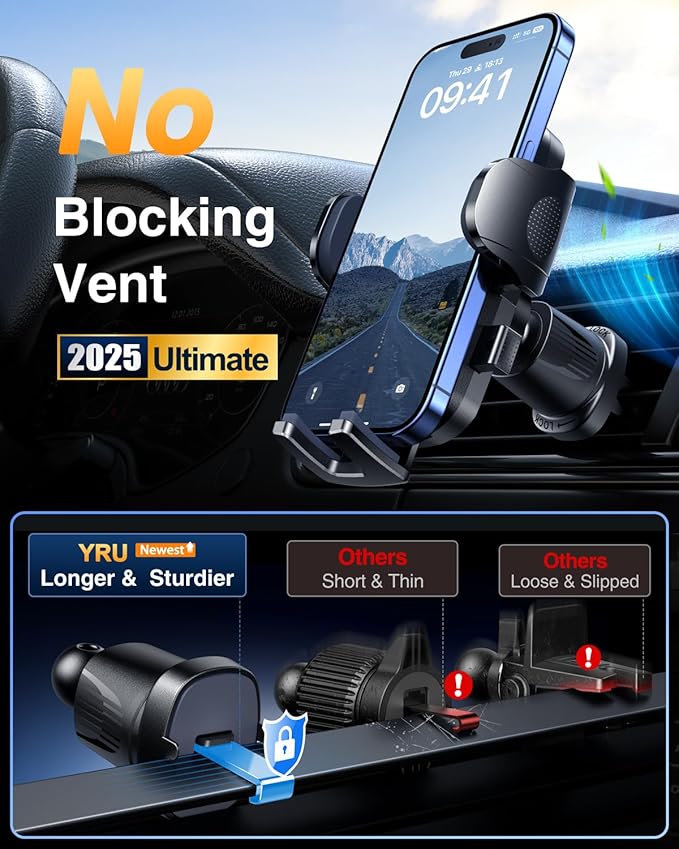 YRU True Military-Grade [360° Rotation Suction] 2025 Ultimate Car Phone Holder Mount 【90+LBS Safest Strongest & Patent Certs】 Dashboard Windshield Vent for iPhone 17 16 Pro Max Samsung, Royal Blue