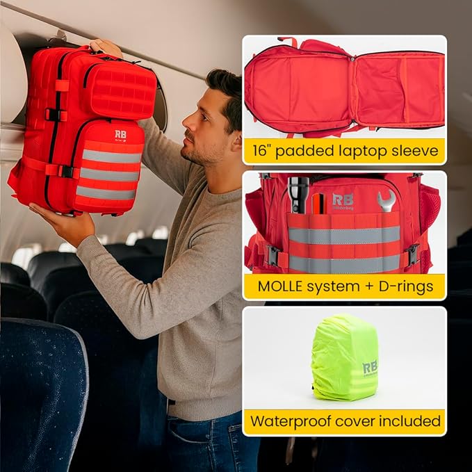 Xtreme 30L Tactical Backpack – Carry On Travel and Gym Daypack with 16 inch Laptop Sleeve, Stick Holder, Double Bottle Pockets, Recycled Fabric Shell, Rain Cover (Red)