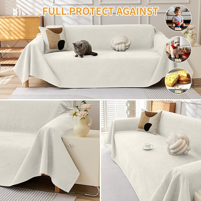 Deep Dream Cat-Scratch Resistant Couch Cover, Waterproof Sofa Cover for 3 Cushion Couch Washable, Pet Friendly Couch Protectors Anti Slip Thickened Sofa Slipcovers for Dogs Pets, 91" x 134", Beige