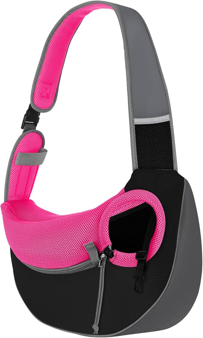 Pawaboo Dog Sling Carrier, Hand Free Breathable Mesh Bag for Puppy Cat, Drawstring Dog Papoose with Adjustable Strap and Pocket, Crossbody Satchel Dogs Purse for Outdoor Travel, M, Magenta