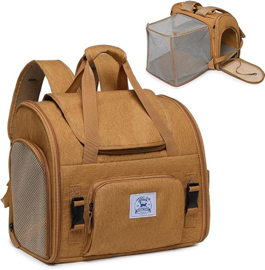 Pet Backpack Carrier for Small Dogs Medium Cats, Puppies,Breathable and Collapsible Design, Portable Travel Bag for Bearded Dragon,Rabbit Cage (Brown +Two-Shoulder, Small)