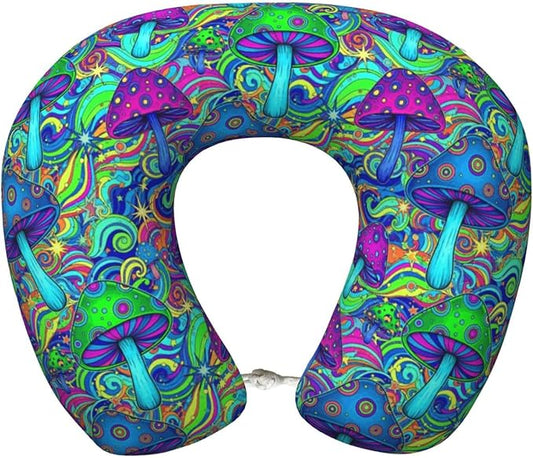 Comfortable Travel Pillow for Pain Relief Sleeping, Memory Foam Airplane Car Neck Pain Pillows Trippy Stoner Magic Mushrooms Art, Funny Chin Head Support Cushion
