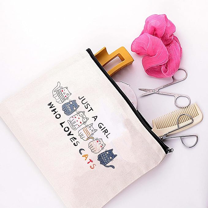 Cat Lovers Makeup Bag Canvas Cosmetic Pouch with Cute Cats Design Just A Girl Who Loves Cats (cat)