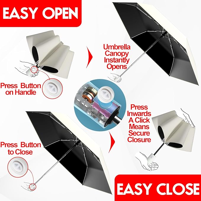 Automatic Mini Travel Windproof Folding Umbrella - UV Protection, Instant Open/Close for Rain/Sun, Small Compact Lightweight Design Fits in Tote Bag/Travel Case/Backpack for Commute, Women & Men