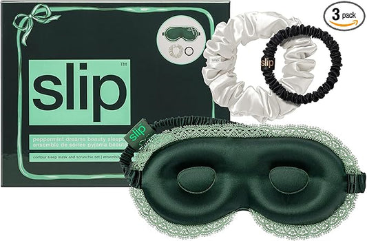 slip Peppermint Dreams Beauty Sleepover Set – Evergreen Contour Sleep Mask with Lace Trim, White Large Silk Scrunchie & Black Skinny Scrunchie – Limited Edition Gift Set