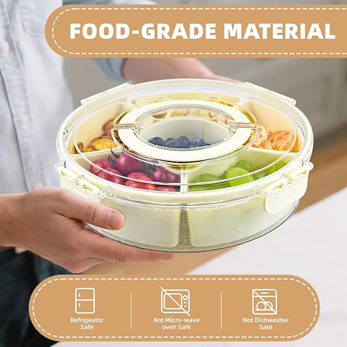 Divided Serving Tray with Lid and Handle，Rotating Snackle Box Container Candy Organizer, Portable Spinning Veggie Tray for Kitchen, Party, Trave and Picnic，Clear Lazy Susan Organizer (white)