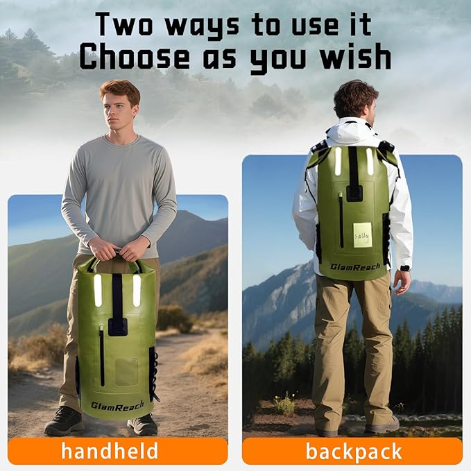 waterproof backpack 55L- Heavy Duty & Dirt Resistant Roll Top Sack, Essential Gear for Kayaking, Hiking, Camping, Beach Travel with 2L dry bag (Green, 55L)