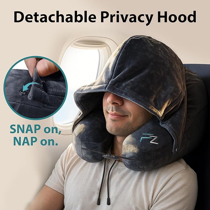 FLOWZOOM Air Inflatable Neck Pillow for Traveling on Plane - H-Shape Hooded Airplane Pillow with 5 Snooze Modes, Fast Inflation, Pressure Control, Cozy Clip-On Hood & Plushy Cover - Size L, Jet Black