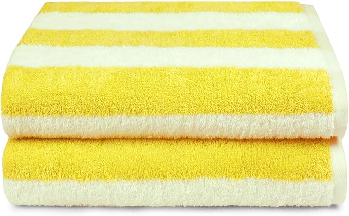 Amazon Basics 100% Cotton Terry Cabana Stripe Pool & Beach Towels, Soft & Absorbent, Large, 2-Pack, Yellow, 30" x 60"
