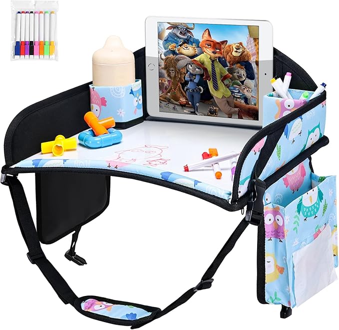 WENRENER Kids Travel Tray, 3PCS Car Seat Tray for kids Travel, Toddler Road Trip Essentials With Drawing Kit, Toddler Lap Desk Organizer for Car, Carseat Table for Airplane