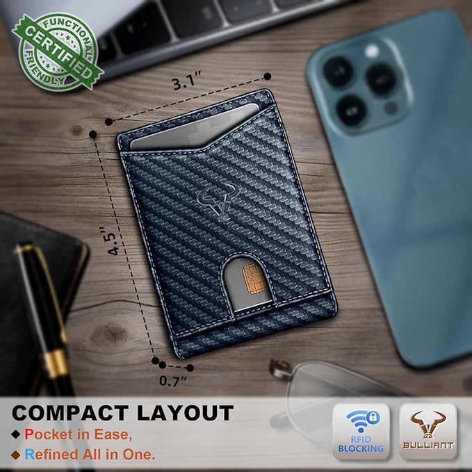 BULLIANT Men Wallet, Slim Leather Wallet Front Pocket Card Holder Gift For Men 11 Slots RFID Blocking