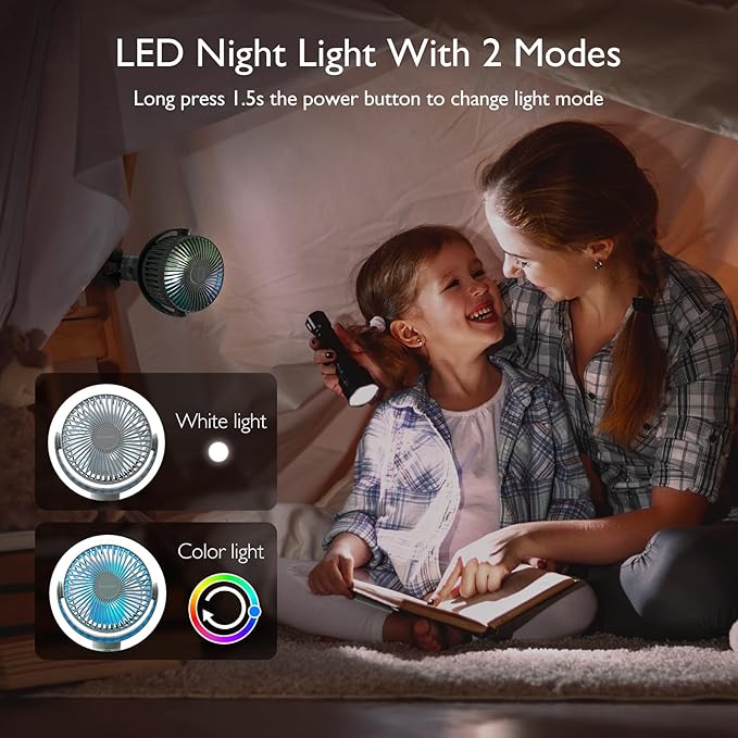 Momcozy Portable Stroller Fan, 8000mAh, 27H Ultra-long Battery Life, Detachable 4 Speed 360°Rotate, LED Night Light with 2 Modes, USB Rechargeable Handheld Cooling Fan for Travel, Car Seat, Bedroom