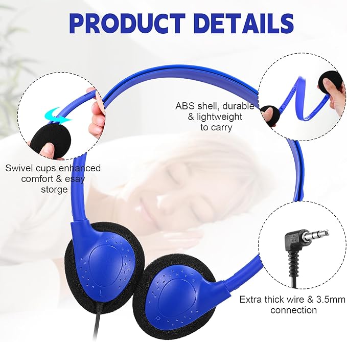 Konohan 10 Pack Headphones Bulk Headphone for School Classroom Student Wired Headphones Adjustable with 3.5 mm Jack for Adults (Dark Blue)