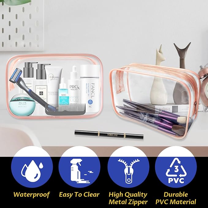 16 Pieces Clear Makeup Bags Bulk, TSA Approved Toiletry Bag for Travel, PVC Waterproof Travel Pouches Clear Pouch with Zipper for Men and Women Carry-on Travel Essentials Cosmetic Bags (Peach Pink-M)