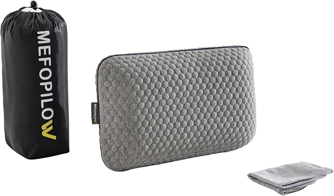 Memory Foam Travel Pillow with Washable Cover & Carry Bag – Compact, Soft & Breathable Neck Pillow for Airplane, Camping & Car (Gray- with Extra Gray Cotton Cover, 15.7x9.8x3.9 inches)