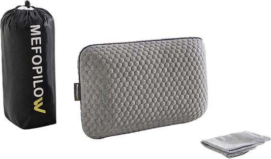 Memory Foam Travel Pillow with Washable Cover & Carry Bag – Compact, Soft & Breathable Neck Pillow for Airplane, Camping & Car (Gray- with Extra Gray Cotton Cover, 15.7x9.8x3.9 inches)