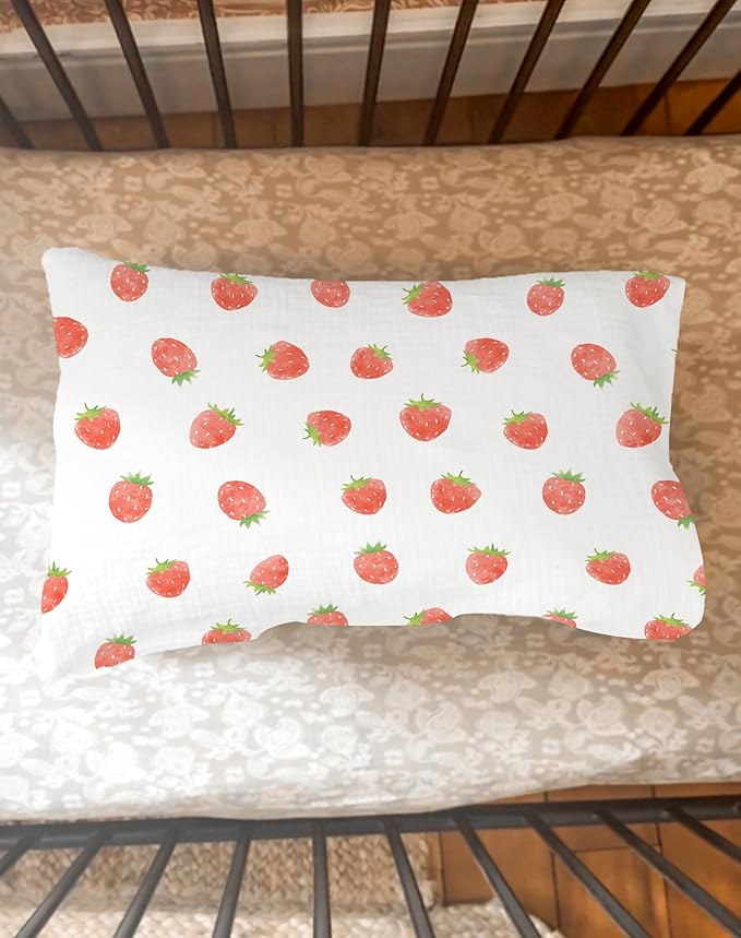 Toddler Pillowcases for 13"x18" Pillow 2 Pack, Muslin Small Toddler Baby Kids Travel Pillow Covers for Boys Girls with Envelope Closure (Strawberry & Pale Pink, 13 x 18 Inch)