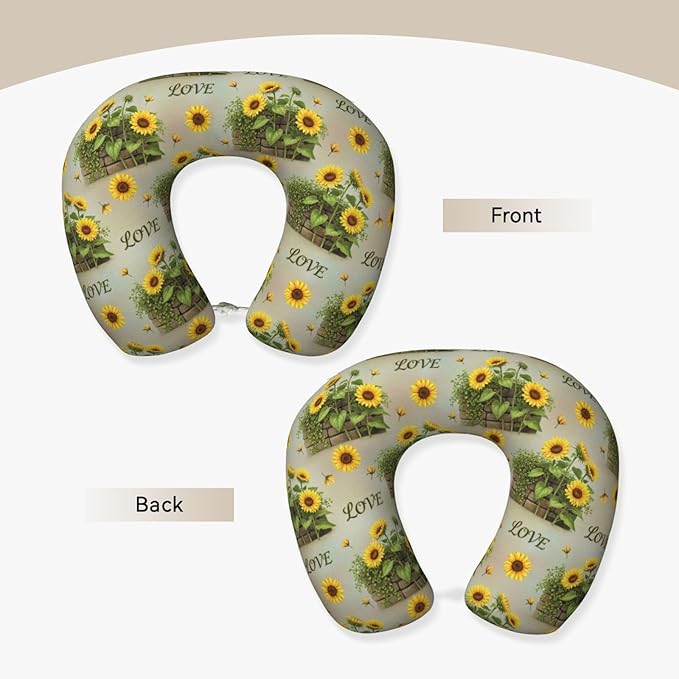 Comfortable Memory Foam Neck Pillow Retro Sunflower, Travel U Shaped Airplane/Car/Flight Pillows with Removable Zipper Cover, Chin Head Neck Support Cushion
