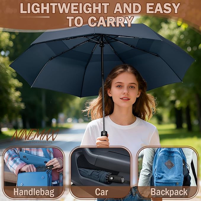 NINEMAX Windproof Travel Umbrella for Rain, Automatic Umbrellas Double Canopy Vented Compact for Men Women (Navy Blue)