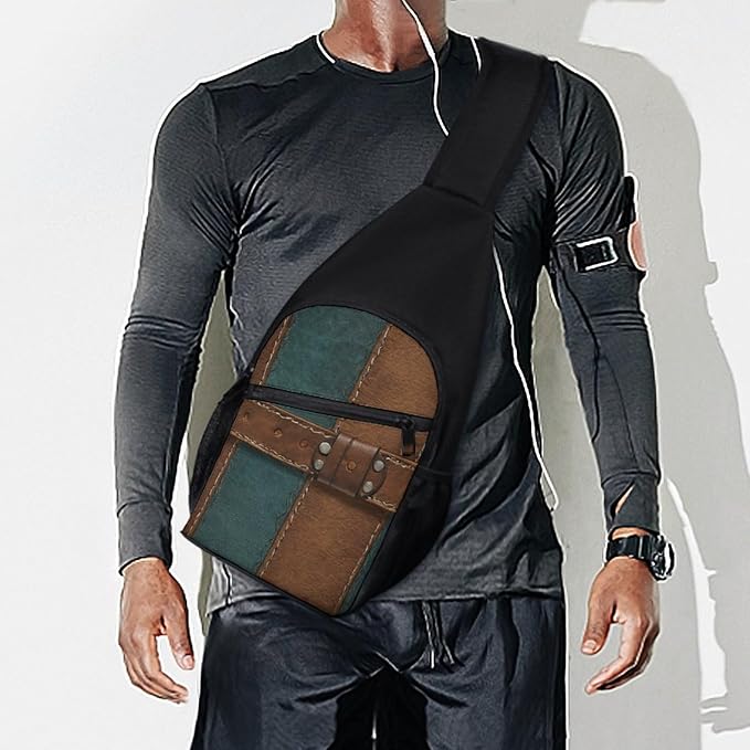 SWEET TANG Polyester Shoulder Sling Bag Multipurpose Casual Sport Daypack Unbalance Backpack with Small Pocket and Smooth Zipper, Rustic Brown Teal Western Country Tooled Leather