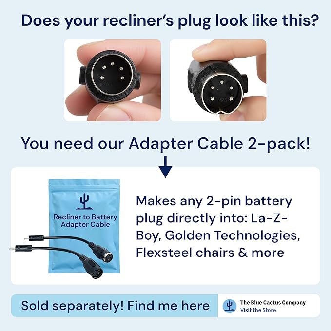 The Blue Cactus Max Power 5000mAh Kit - Battery, Power Transformer, Cords - 2-Pin Connector - Wireless with LED & Low Charge Alert - Couch Battery Pack for Reclining Chairs, Sofas & Loveseats