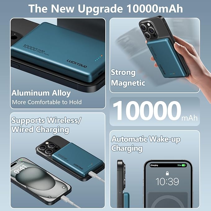 LUCKYDUO Ultra Slim 10000mAh for Magnetic Portable Charger,0.47IN Thin Wireless Magnetic Power Bank, Compact Battery Pack with PD 20W Two Way USB-C Charging,Compatible with iPhone 16/15/14/13 Series